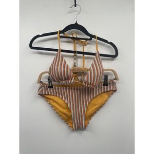 Lucky Brand Ocean Wave Bikini Set Women Small Multi Pucker Texture Swimwear NWOT